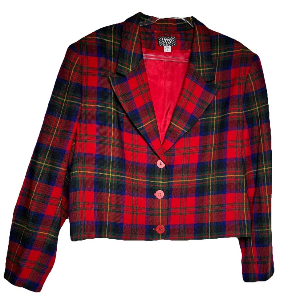 Vintage KGR Womens Size 16 Red Holiday Plaid Plaid Tartan Wool Blazer 90s USA